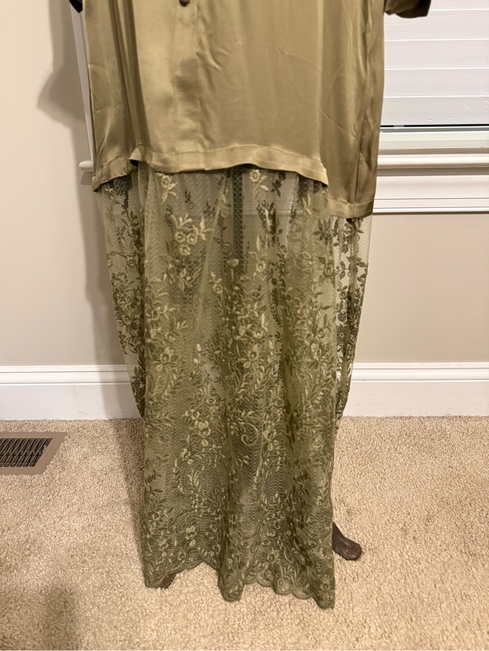 Anthropologie Olive Green Satin Shirt Maxi Dress with Lace Skirt - Picture 3 of 6